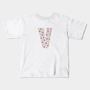 Floral Monogram Letter V - pink and blue Kids T-Shirt